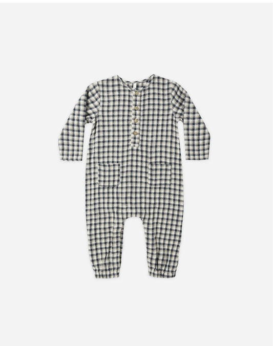 Long Sleeve Woven Jumpsuit in Navy Check