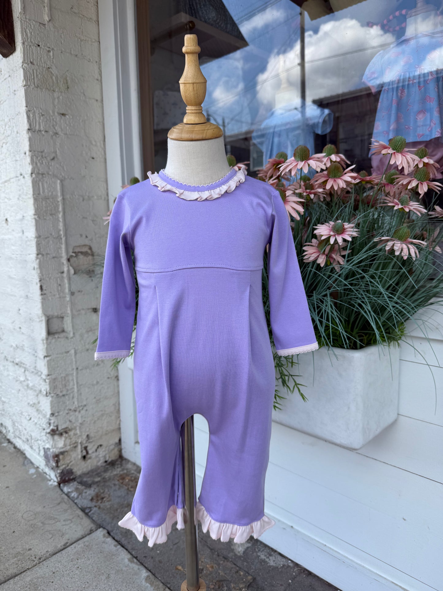 Squiggles Purple Romper with Ruffles