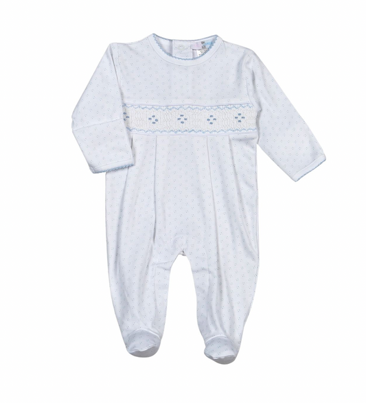 Tim Blue Dots Hand Smocked Bishop Footie