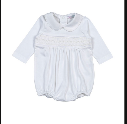 White Long Sleeve Smocked Bubble